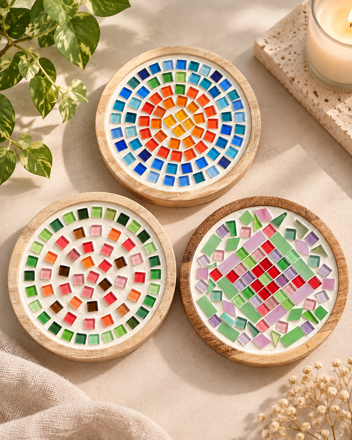Colorful handmade mosaic trays arranged in a warm studio setting.