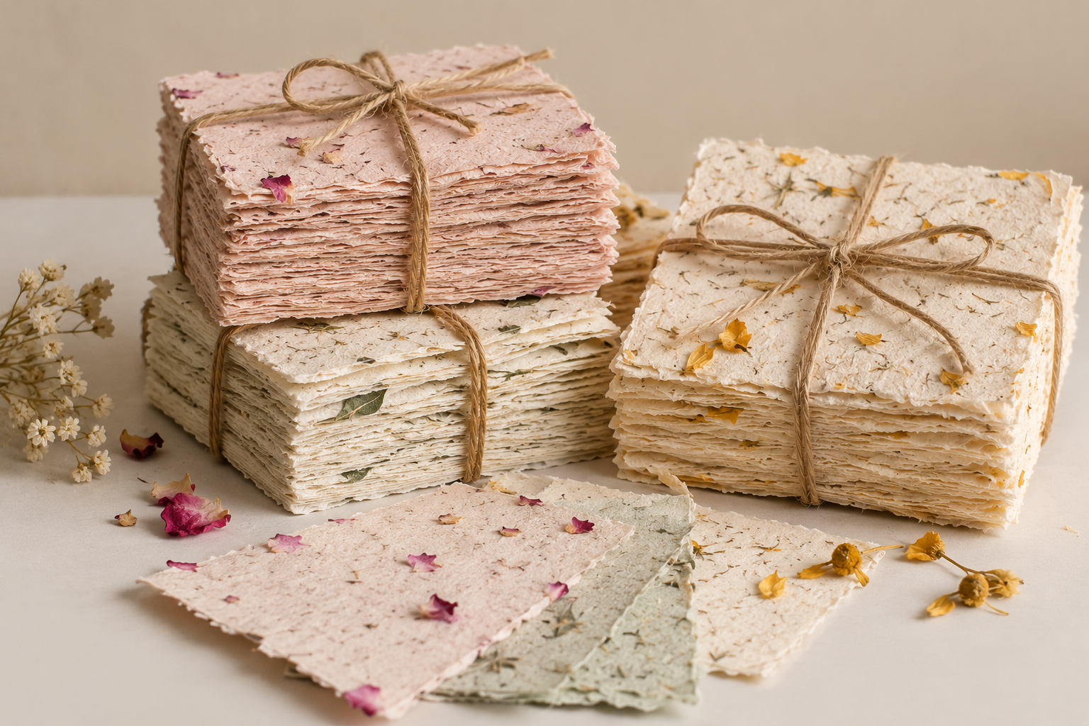 Stacks of handmade botanical paper tied with twine.