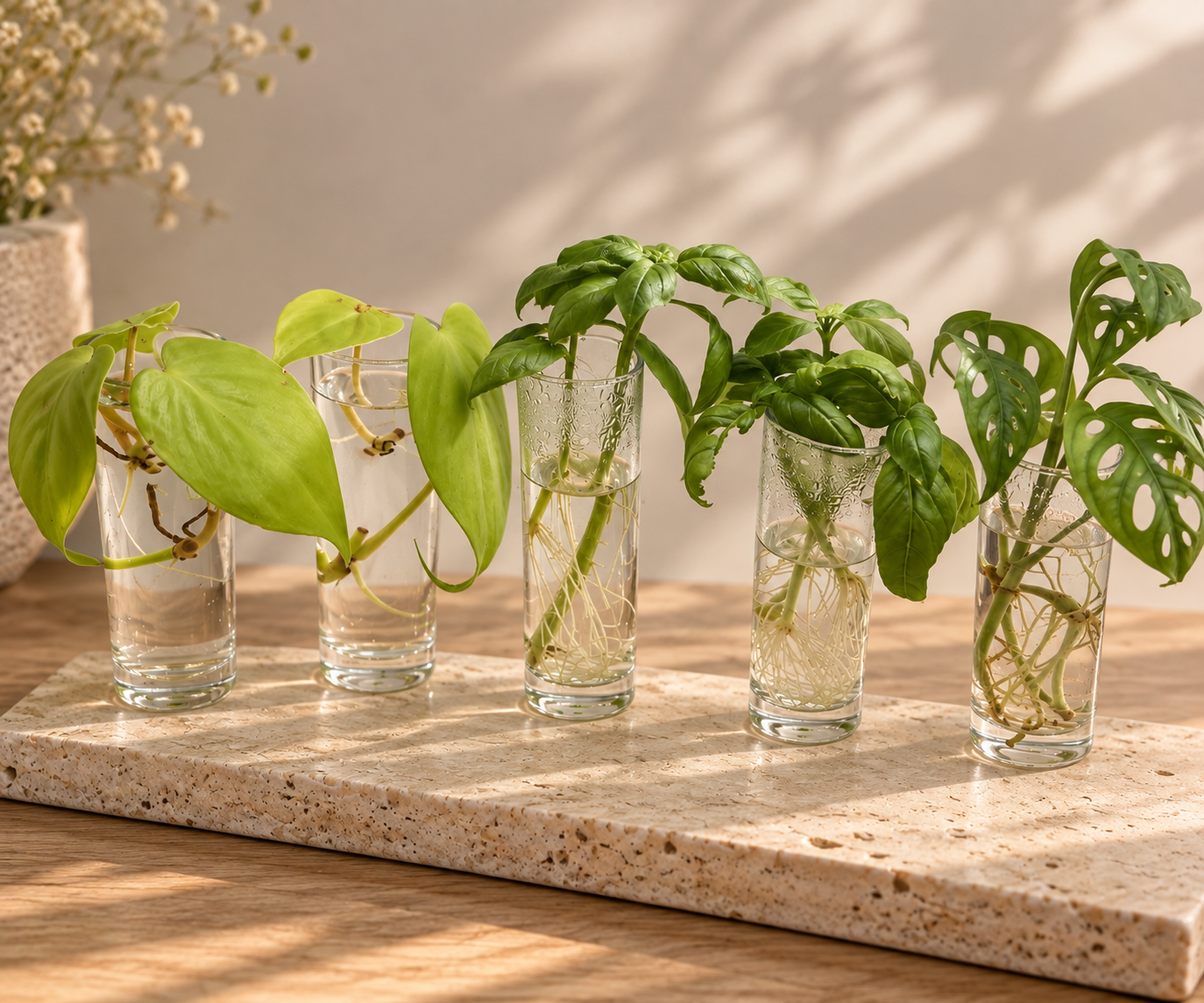 Plant propagations rooting in clear glass vessels.
